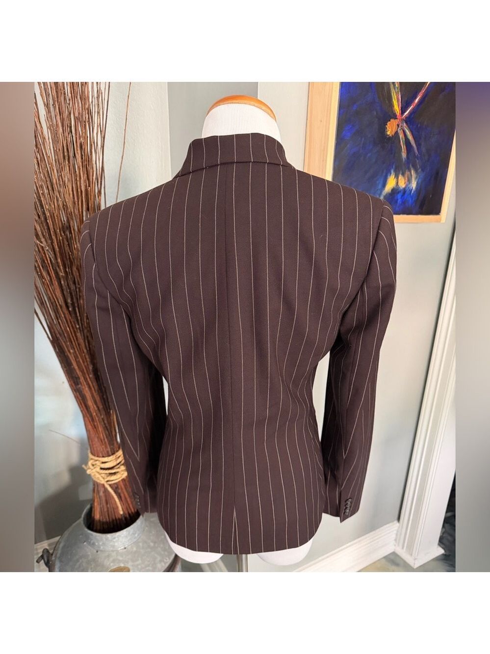 Lauren Ralph Lauren Classic Blazer 3 Button Wool Brown and Tan Pinstripe Jacket - Picture 12 of 12
